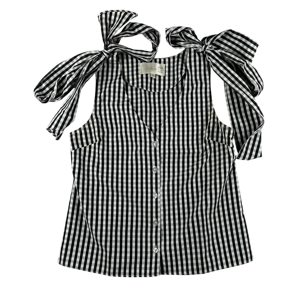 J.O.A. Blouse Womens Small Black Gingham Bow Tie Shoulder Button Front Top